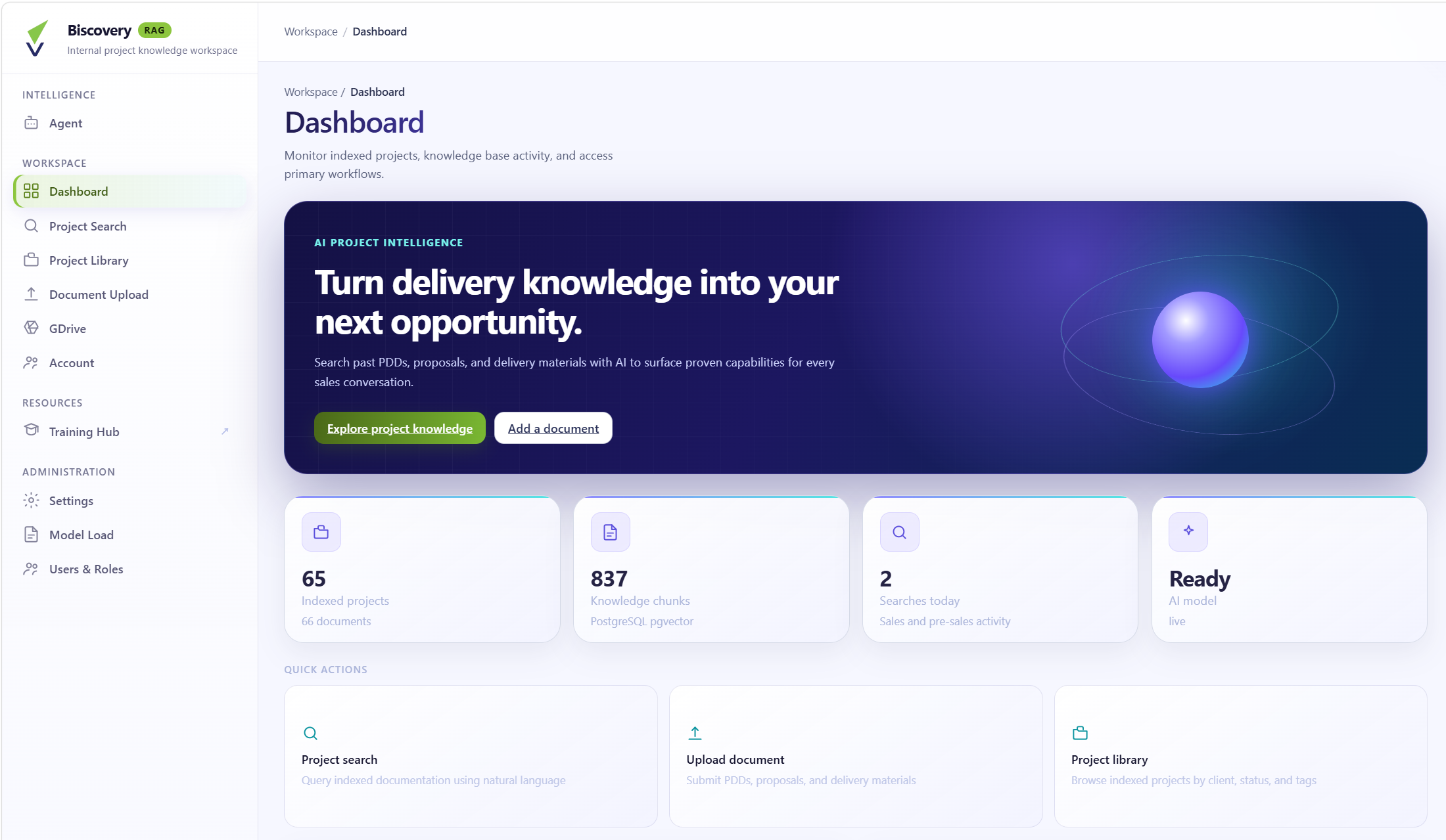 RAG dashboard with indexed projects, knowledge chunks, and quick actions