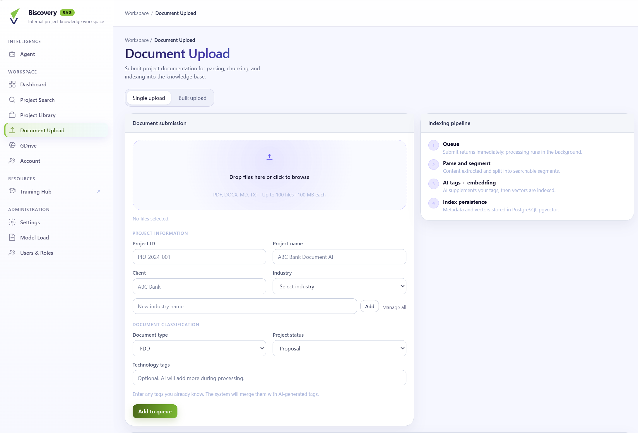 Document upload form and the indexing pipeline into PostgreSQL