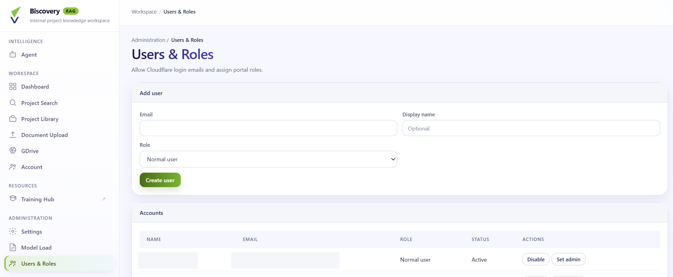 Users and roles screen for allowing login emails and assigning admin access