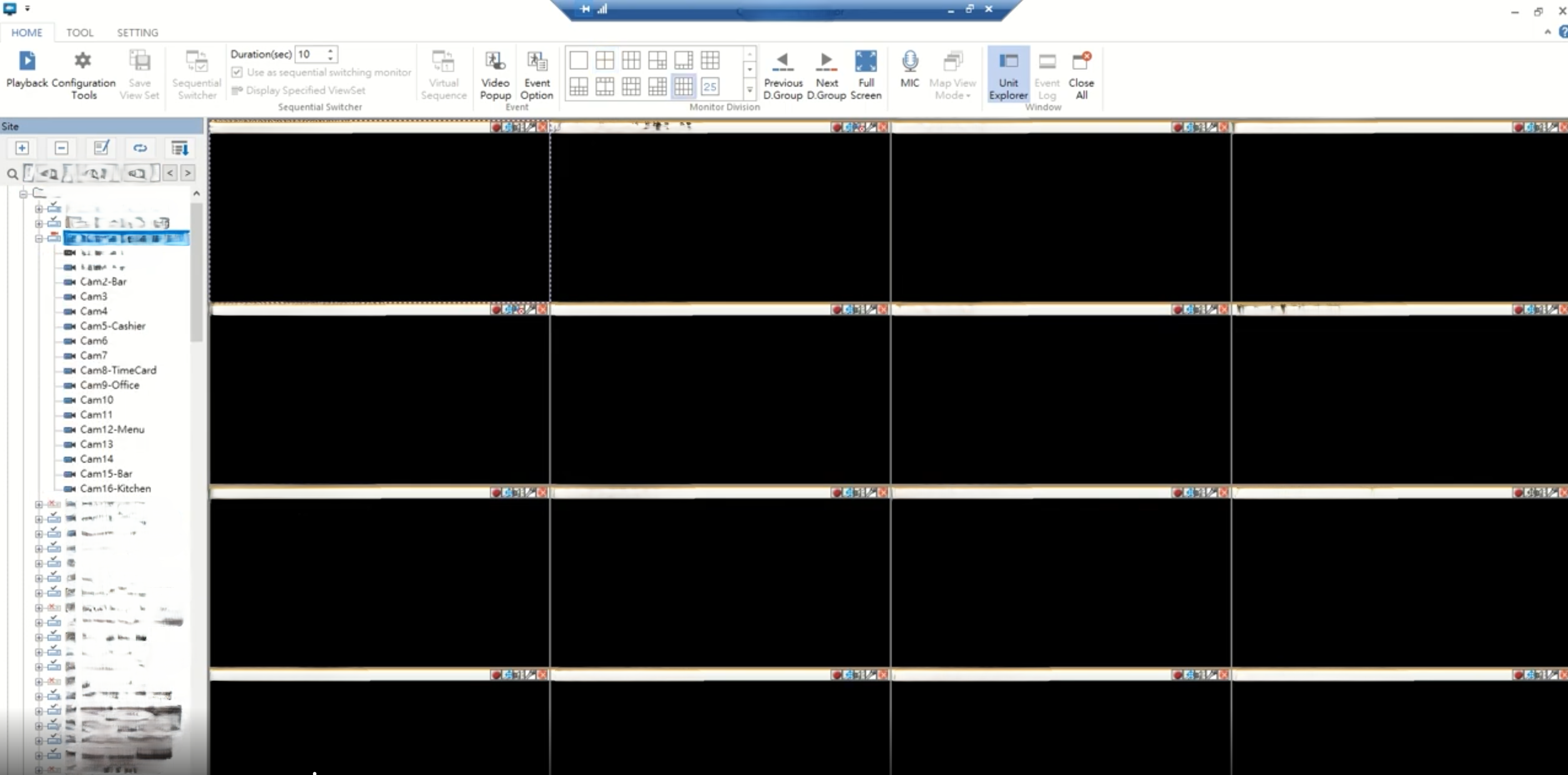 CCTV management client with the site tree and a 16-camera live grid