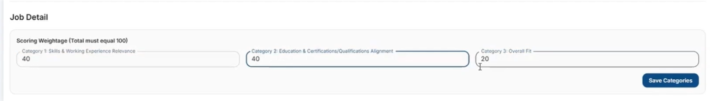 Scoring weight configuration with three categories totalling 100 percent
