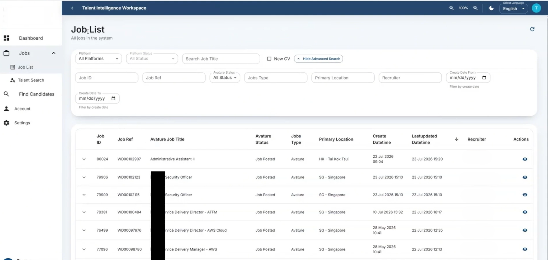 Unified job list showing multi-region requisitions with per-portal status