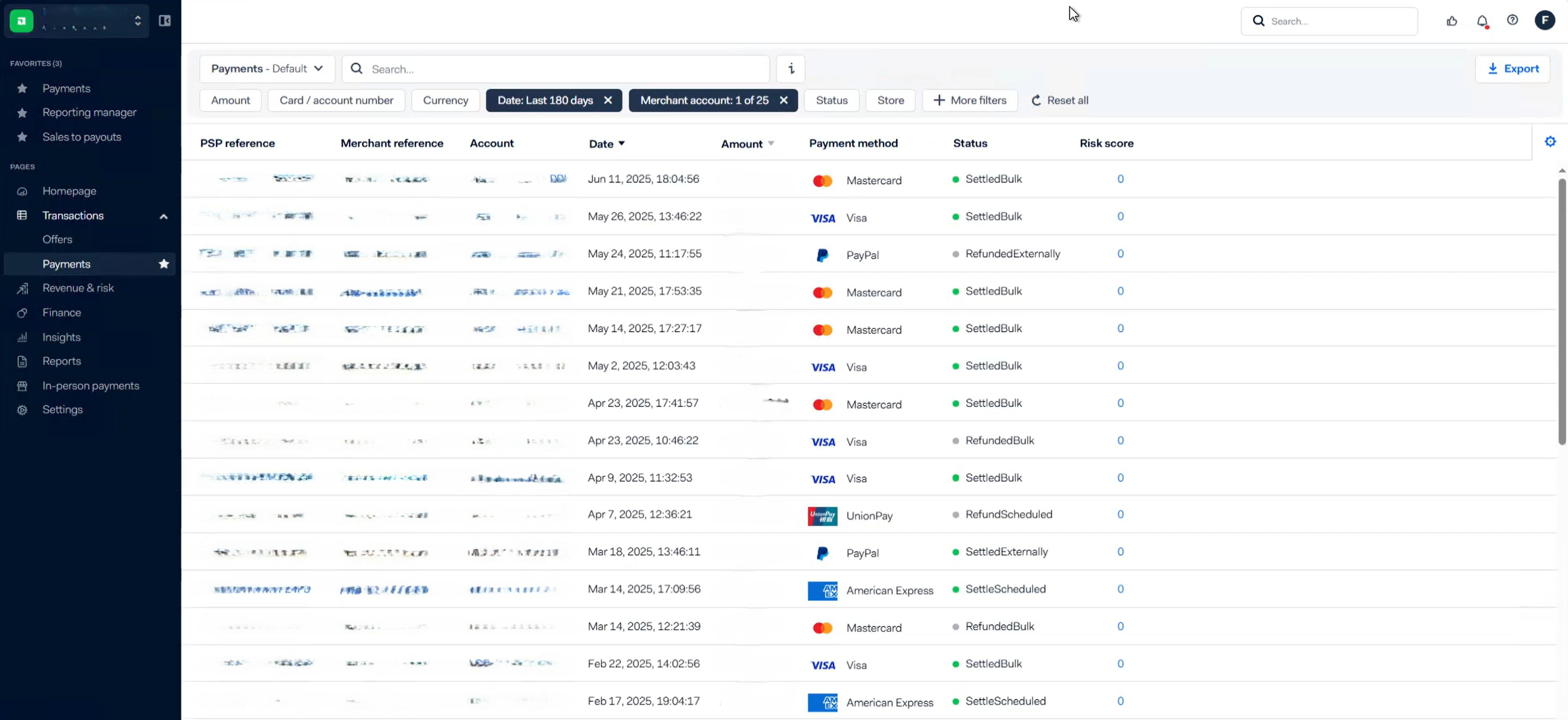 Payments list filtered by date range, ready for CSV export